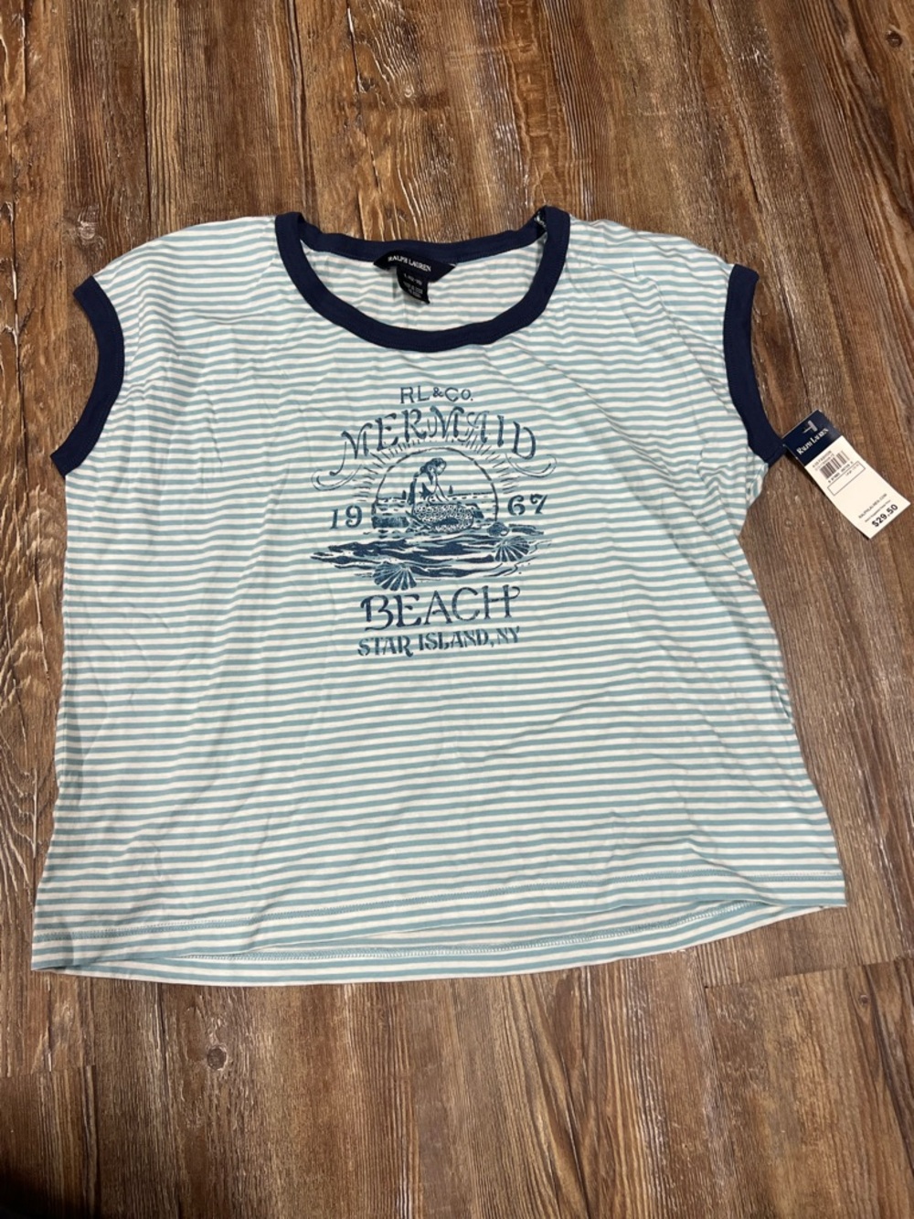 Y2K Ralph Lauren blue and white striped preppy summer mermaid beach top